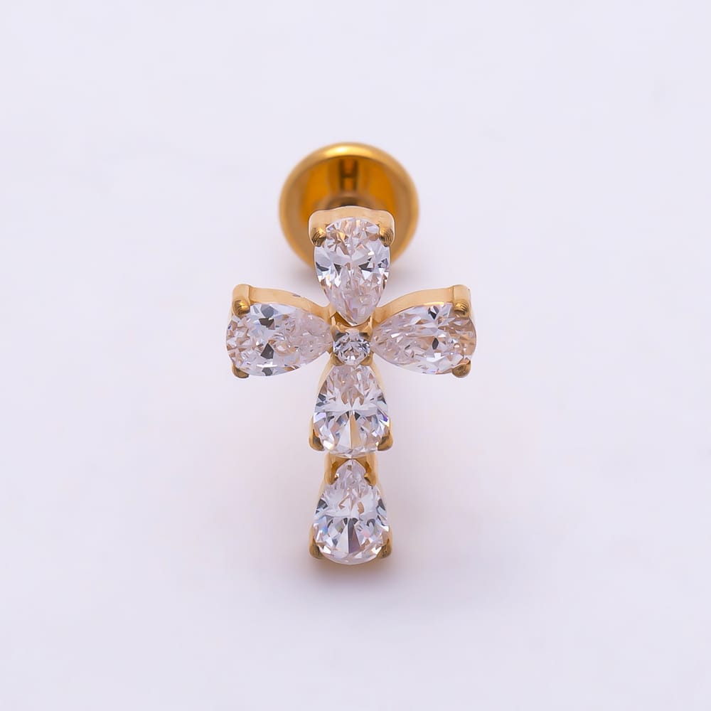 Titanium 6mm Clear CZ Teardrop Religious Cross Cartilage Piercing Flat Back Stud | BJ-00283