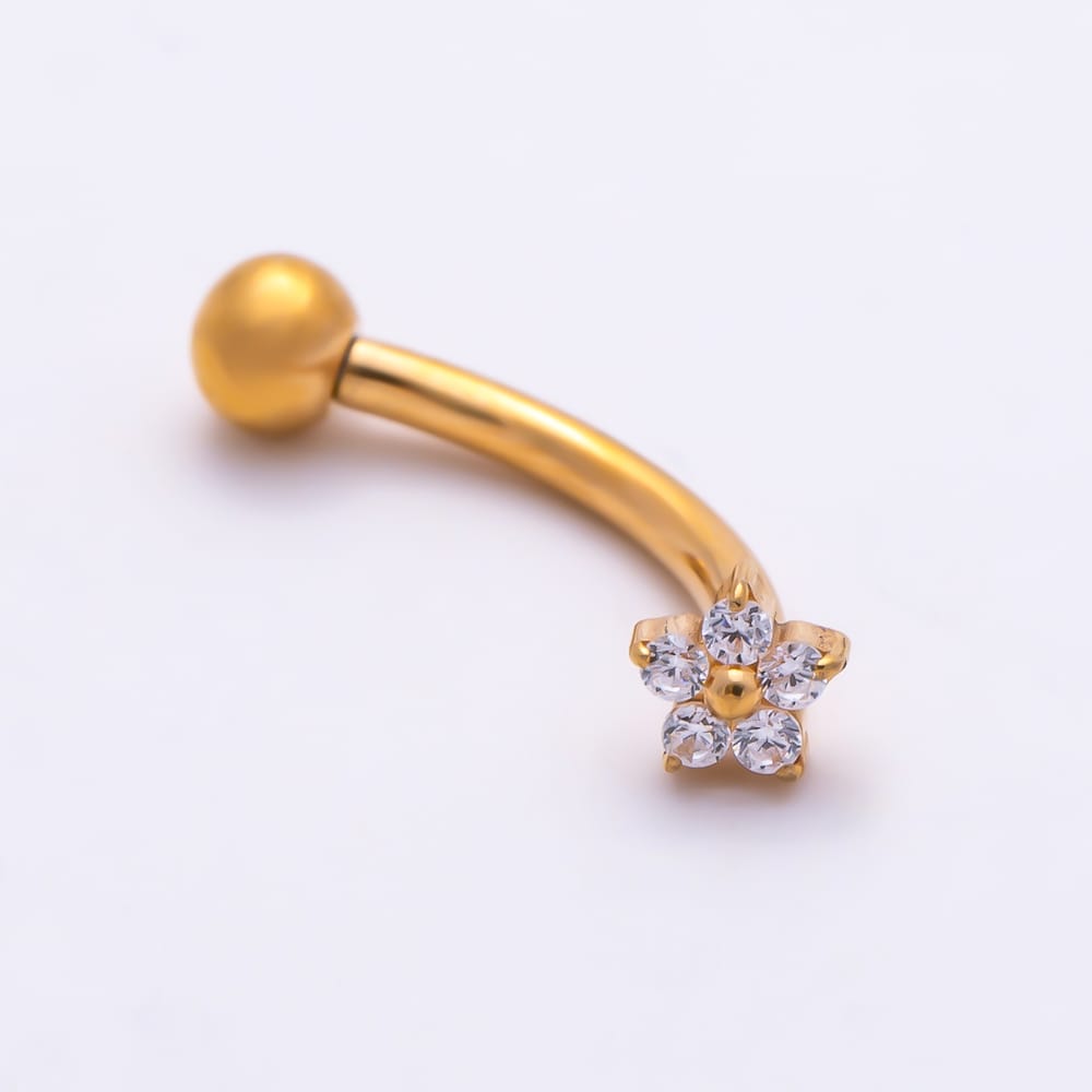 Titanium 4.5mm CZ Flower Curved Eyebrow Barbell Piercing Stud in Gold & Silver | BJ-00293 BJ-00294