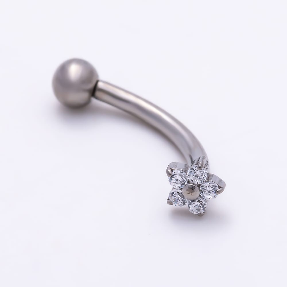 Titanium 4.5mm CZ Flower Curved Eyebrow Barbell Piercing Stud in Gold & Silver | BJ-00293 BJ-00294
