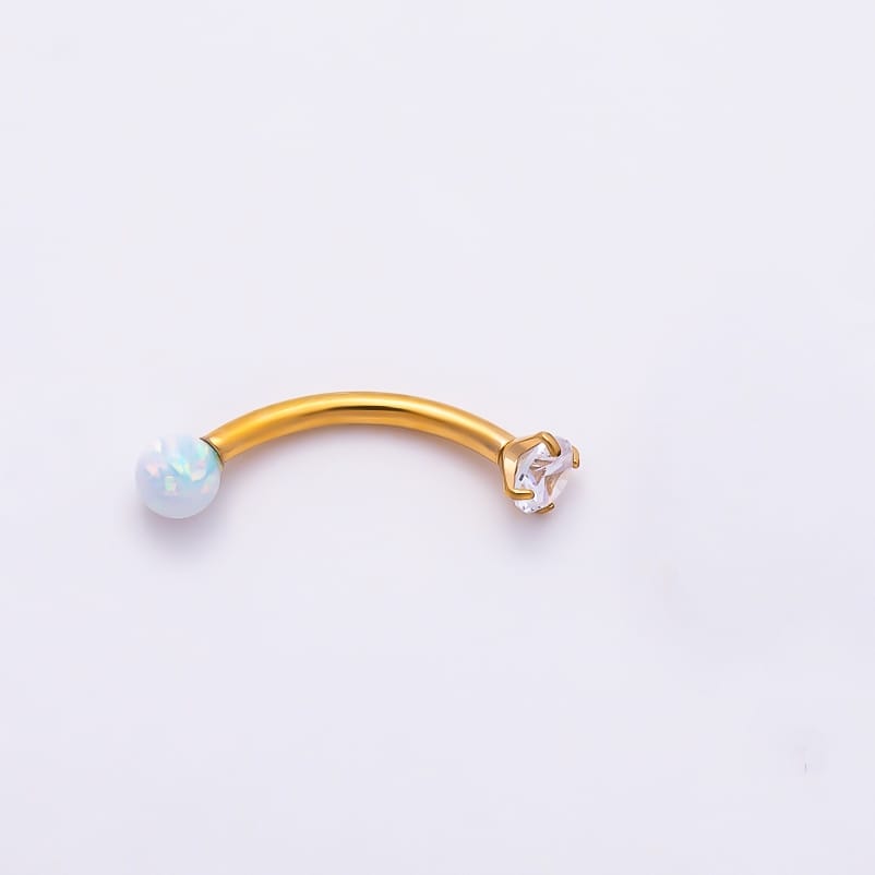 Titanium 3mm White Opal CZ Curved Eyebrow Barbell Piercing Stud in Gold & Silver | BJ-00295 BJ-00296