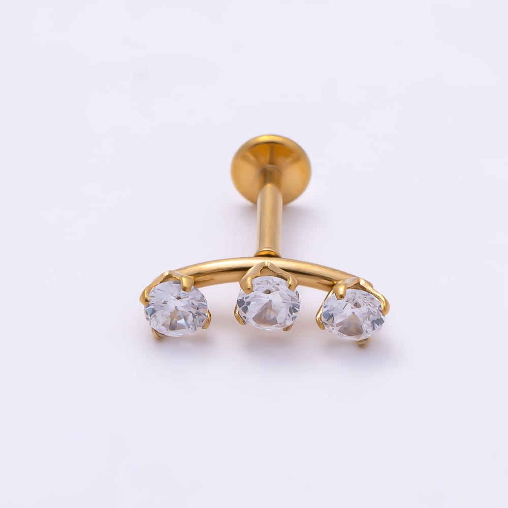 Titanium 4mm Clear CZ Triple Round Curved Cartilage Piercing Flat Back Stud in Gold & Silver | BJ-00305 BJ-00306