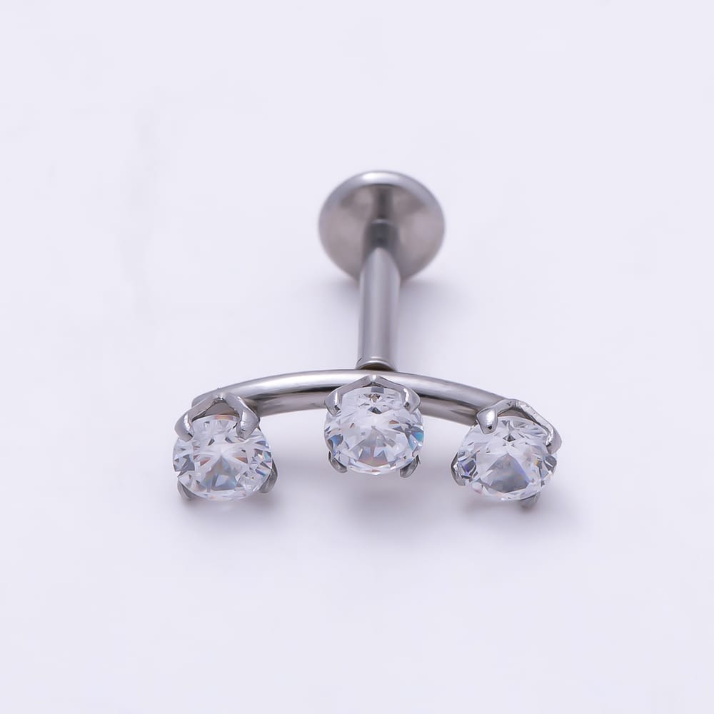 Titanium 4mm Clear CZ Triple Round Curved Cartilage Piercing Flat Back Stud in Gold & Silver | BJ-00305 BJ-00306