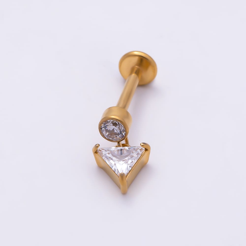 Titanium 10mm Clear CZ Round Triangle Drop Cartilage Piercing Flat Back Stud in Gold & Silver | BJ-00309 BJ-00310