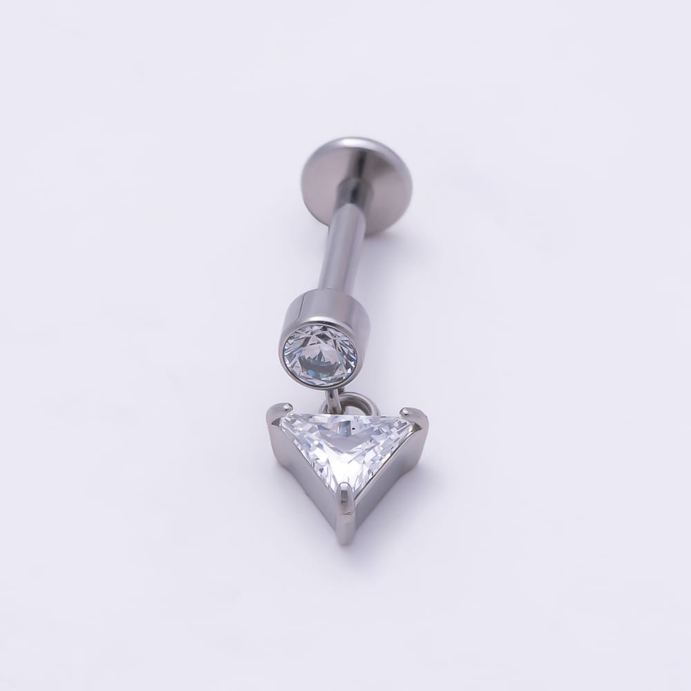 Titanium 10mm Clear CZ Round Triangle Drop Cartilage Piercing Flat Back Stud in Gold & Silver | BJ-00309 BJ-00310