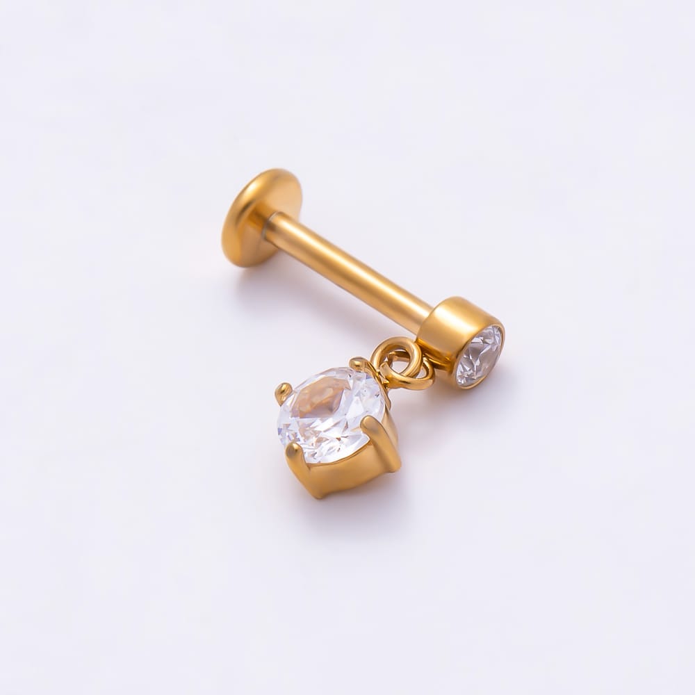 Titanium 11mm Clear CZ Round Drop Cartilage Piercing Flat Back Stud in Gold & Silver | BJ-00313 BJ-00314