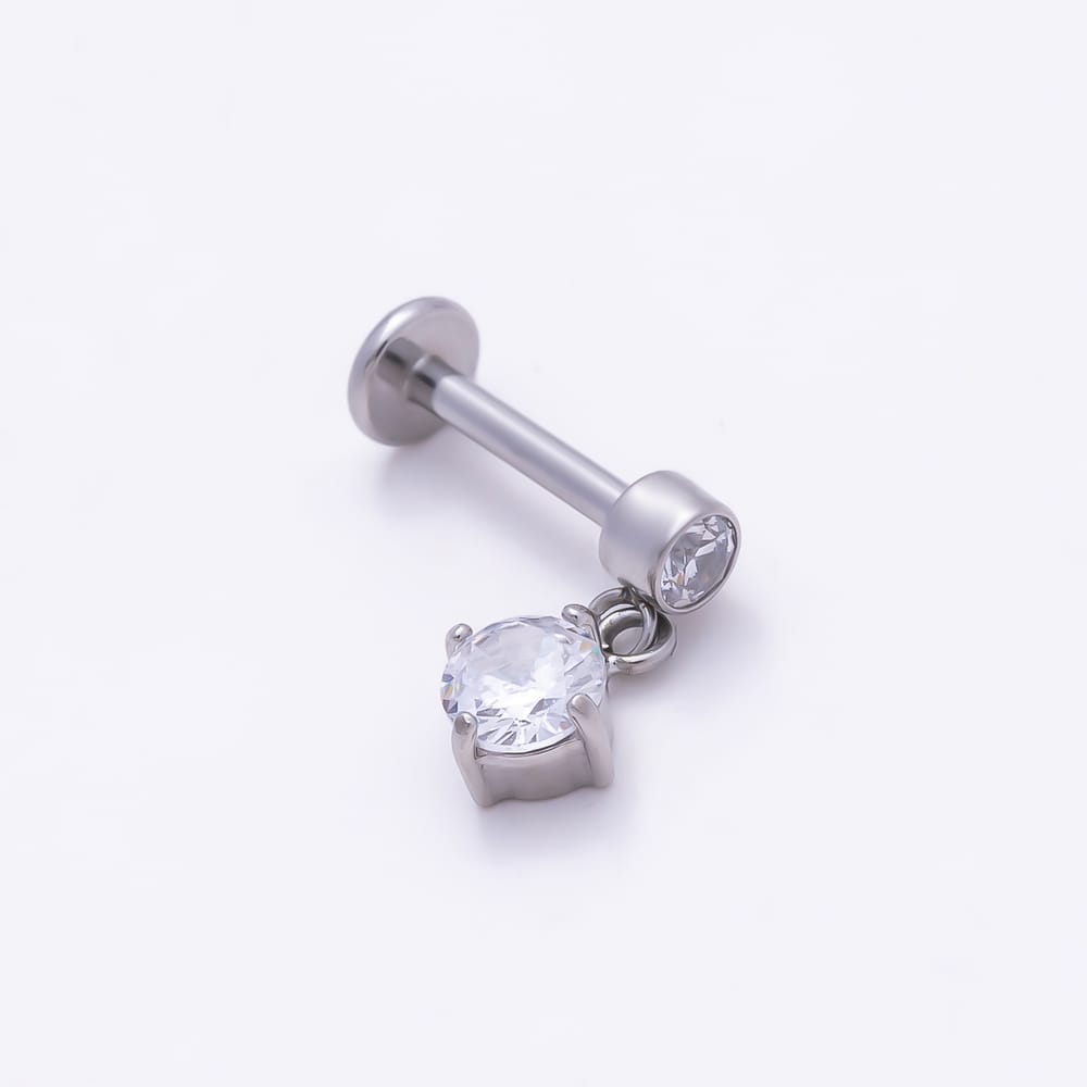 Titanium 11mm Clear CZ Round Drop Cartilage Piercing Flat Back Stud in Gold & Silver | BJ-00313 BJ-00314
