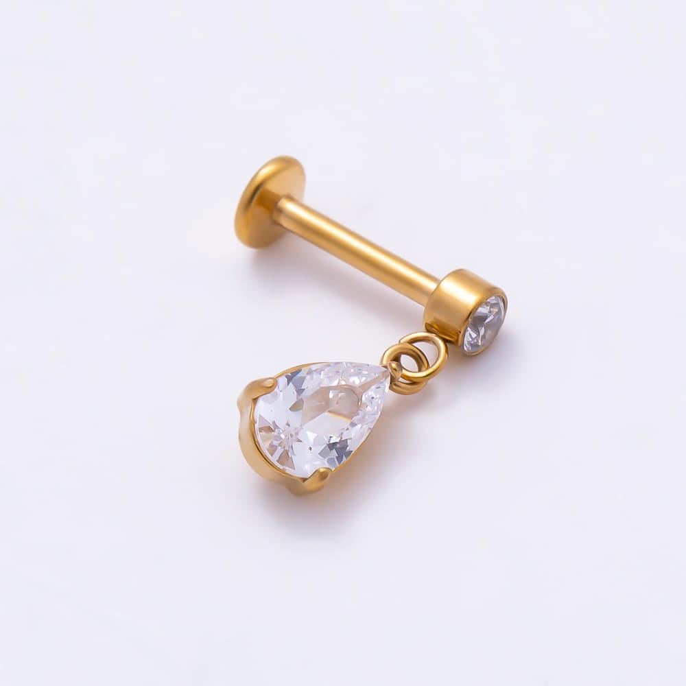 Titanium 13mm Clear CZ Round Teardrop Drop Cartilage Piercing Flat Back Stud in Gold & Silver | BJ-00315 BJ-00316
