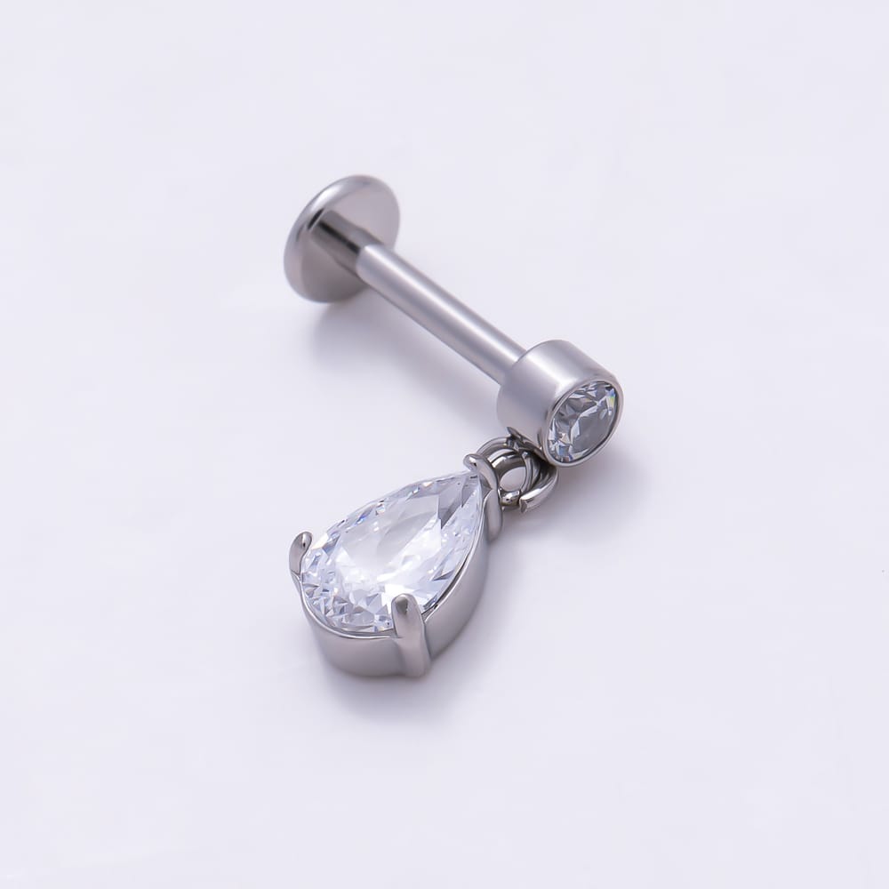 Titanium 13mm Clear CZ Round Teardrop Drop Cartilage Piercing Flat Back Stud in Gold & Silver | BJ-00315 BJ-00316
