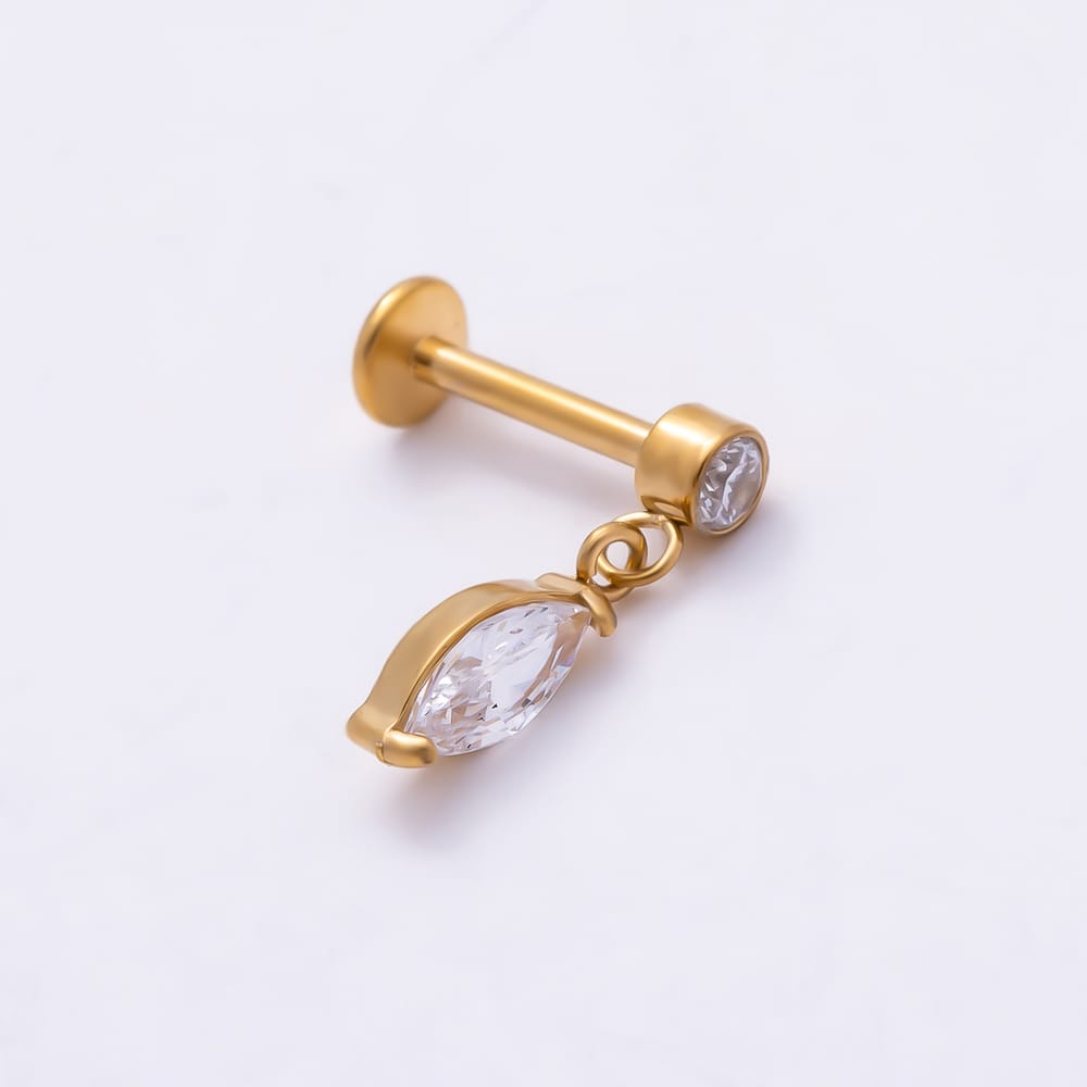 Titanium 13mm Clear CZ Round Marquise Drop Cartilage Piercing Flat Back Stud in Gold & Silver | BJ-00317 BJ-00318