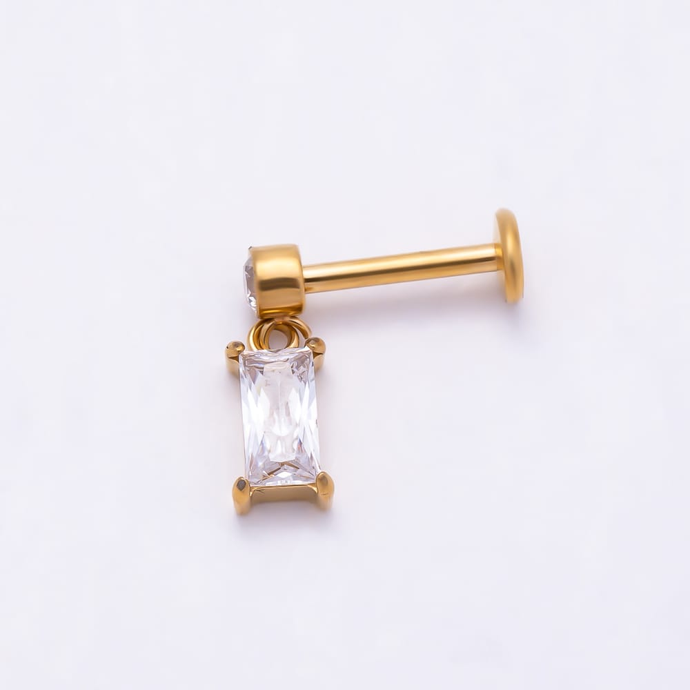Titanium 12mm Clear CZ Round Baguette Drop Cartilage Piercing Flat Back Stud in Gold & Silver | BJ-00319 BJ-00320