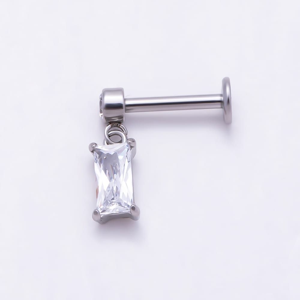 Titanium 12mm Clear CZ Round Baguette Drop Cartilage Piercing Flat Back Stud in Gold & Silver | BJ-00319 BJ-00320
