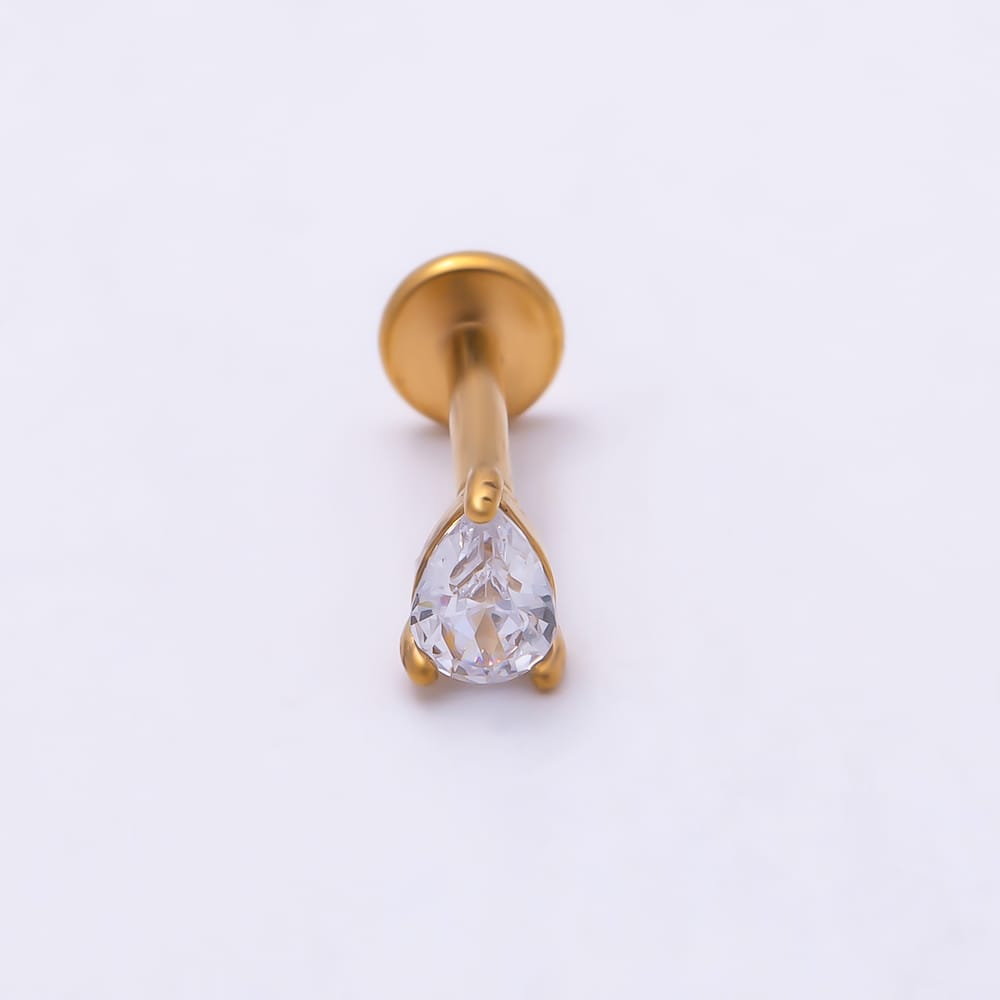 Titanium 4.5mm Clear CZ Teardrop Solitaire Cartilage Piercing Flat Back Stud in Gold & Silver | BJ-00321 BJ-00322