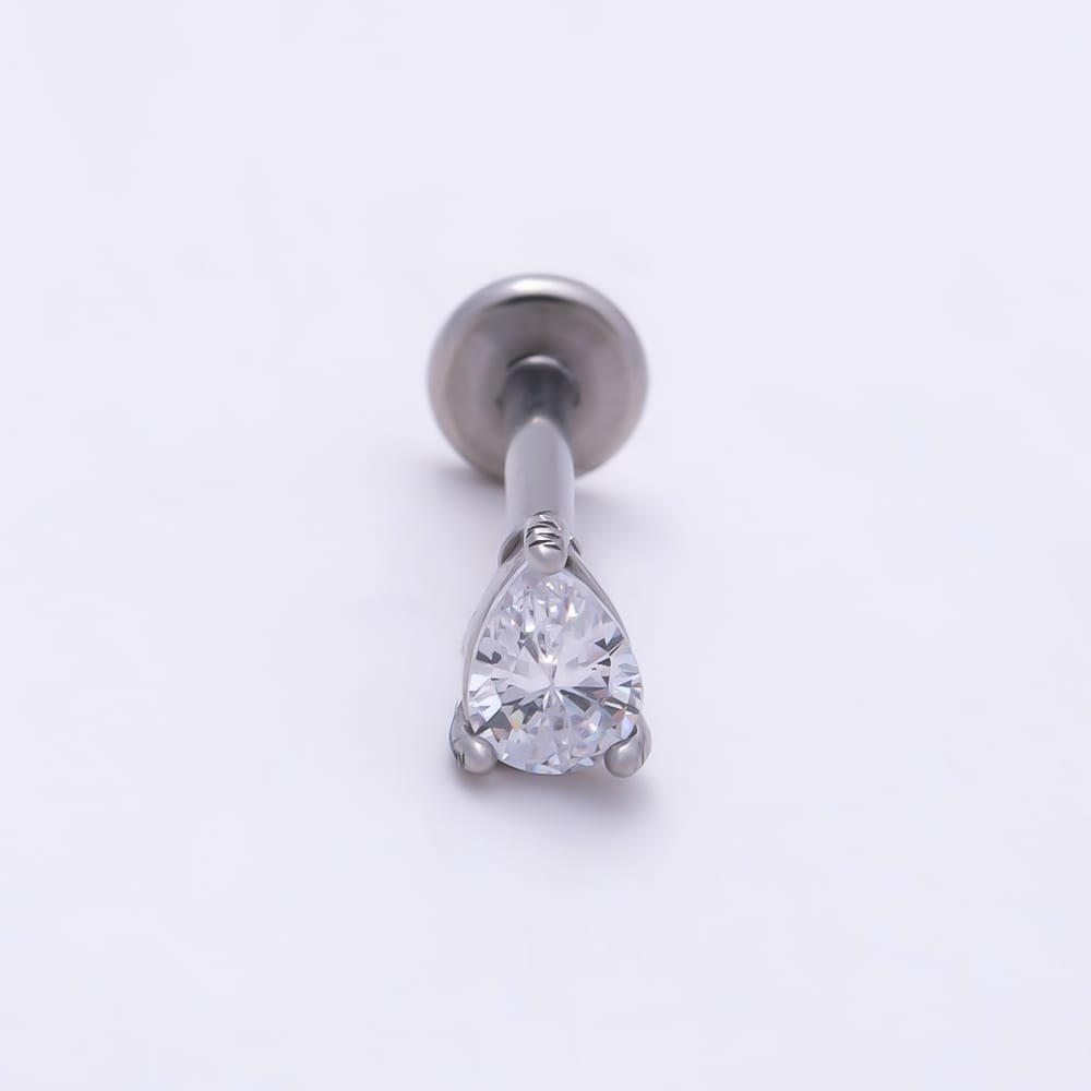 Titanium 4.5mm Clear CZ Teardrop Solitaire Cartilage Piercing Flat Back Stud in Gold & Silver | BJ-00321 BJ-00322