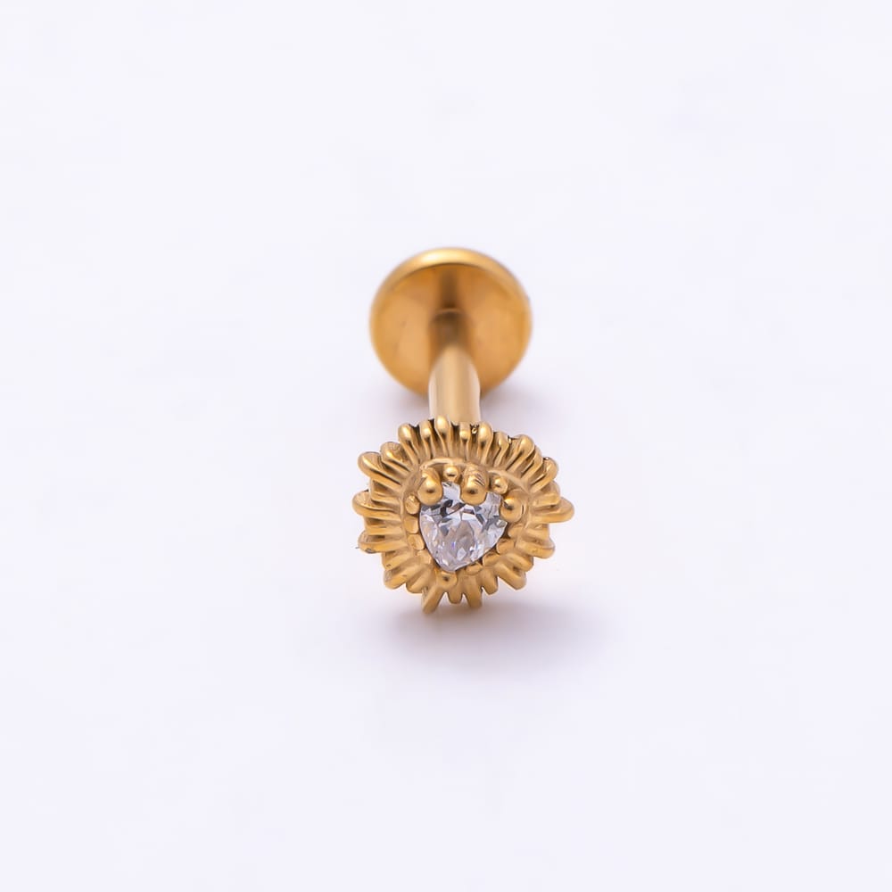 Titanium 5mm CZ Heart Sunburst Cartilage Piercing Flat Back Stud in Gold & Silver | BJ-00325 BJ-00326