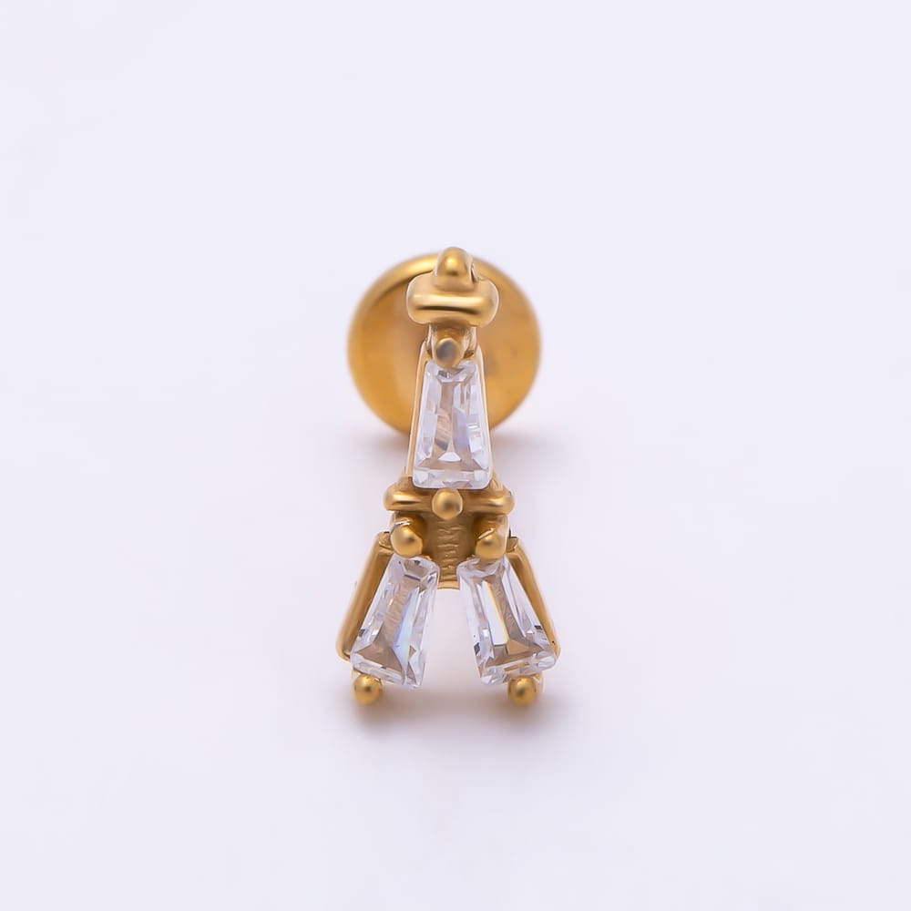 Titanium 9mm Clear CZ Baguette Triple Cartilage Piercing Flat Back Stud in Gold & Silver | BJ-00331 BJ-00332