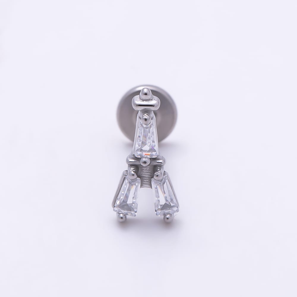 Titanium 9mm Clear CZ Baguette Triple Cartilage Piercing Flat Back Stud in Gold & Silver | BJ-00331 BJ-00332