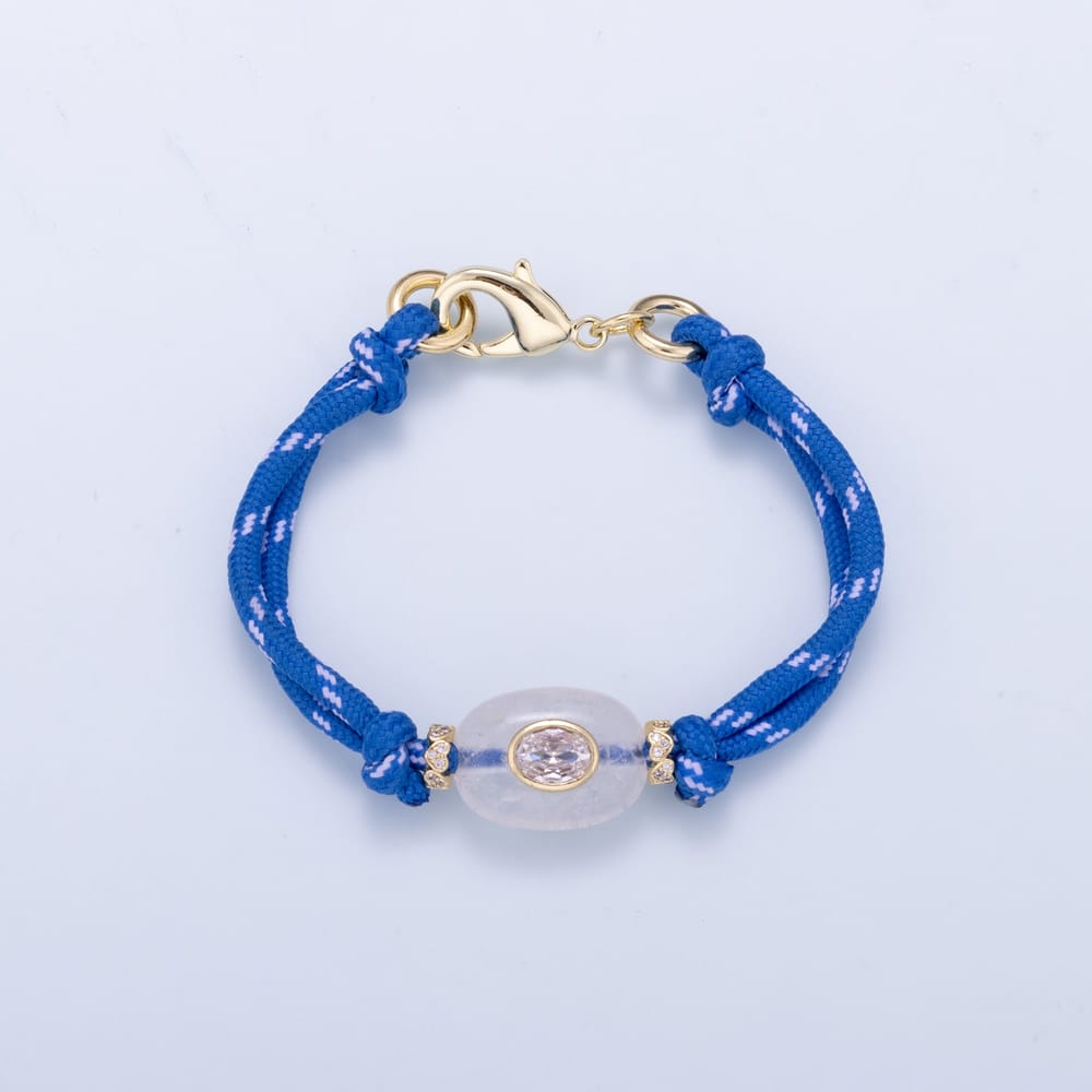 16K Gold Filled 6.5mm Clear Quartz CZ Gemstone Blue Cotton Cord Paracord Chain 7 Inch Bracelet, 15 Inch Necklace | WA-02294 WA-02295