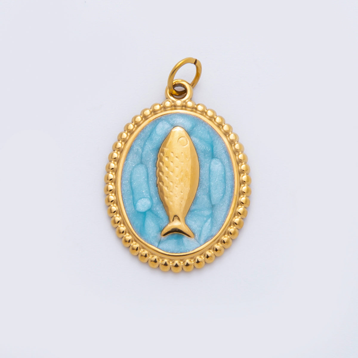 Stainless Steel 27mm Blue, White, Pink Sardine Fish Dotted Outline Oval Charm | C277 C293