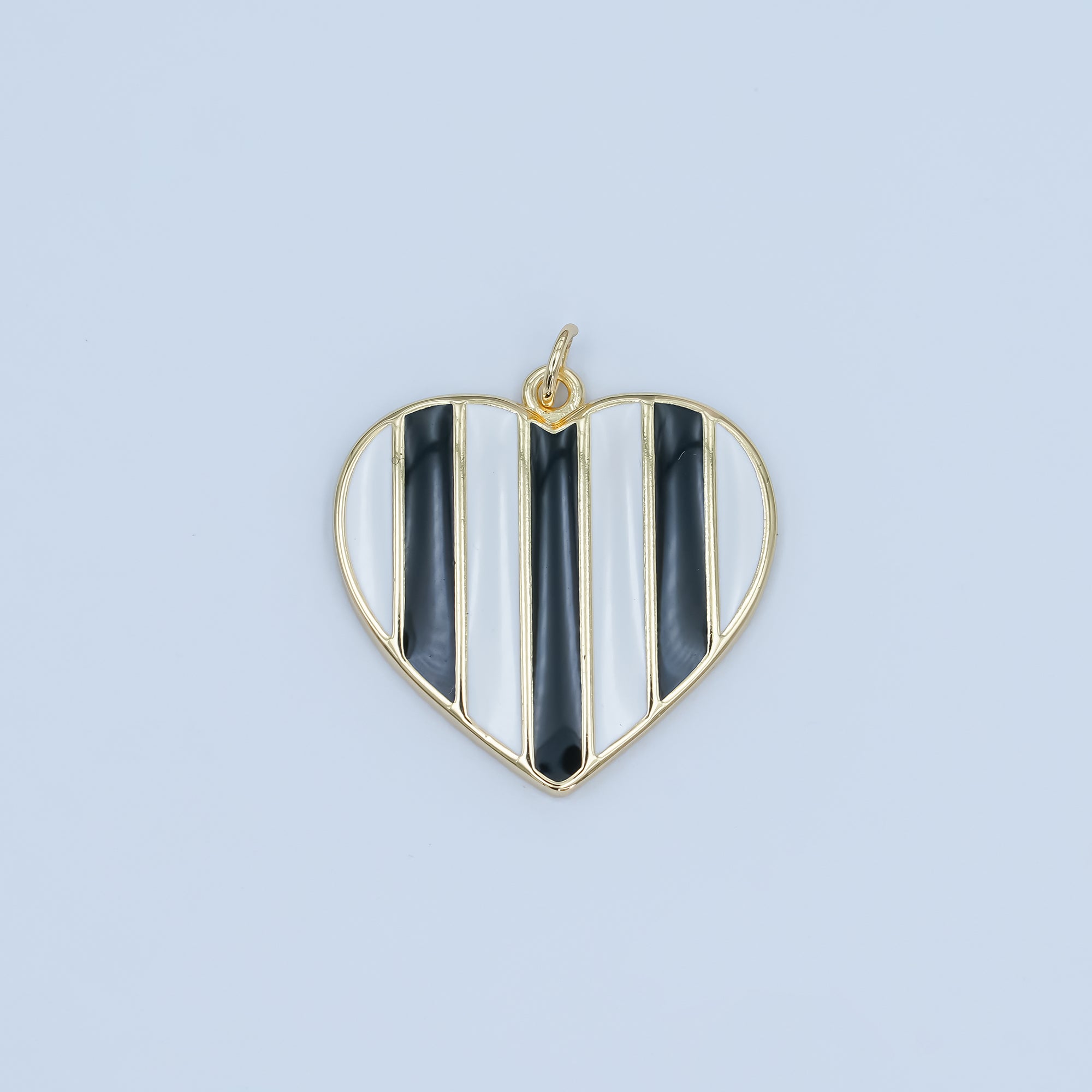 24K Gold Filled 26.5mm Black-and-White Striped Enamel Heart Charm | C050