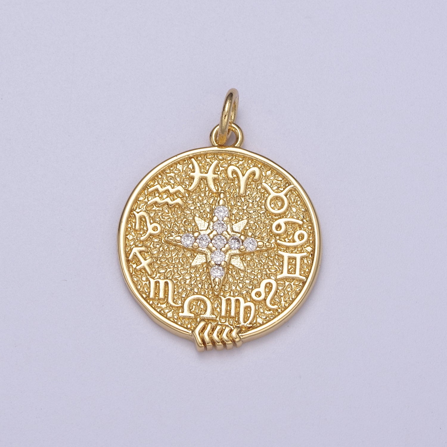 24K Gold Filled 24.5mm Clear CZ North Star Sign Zodiac Horoscope Round Charm | C340