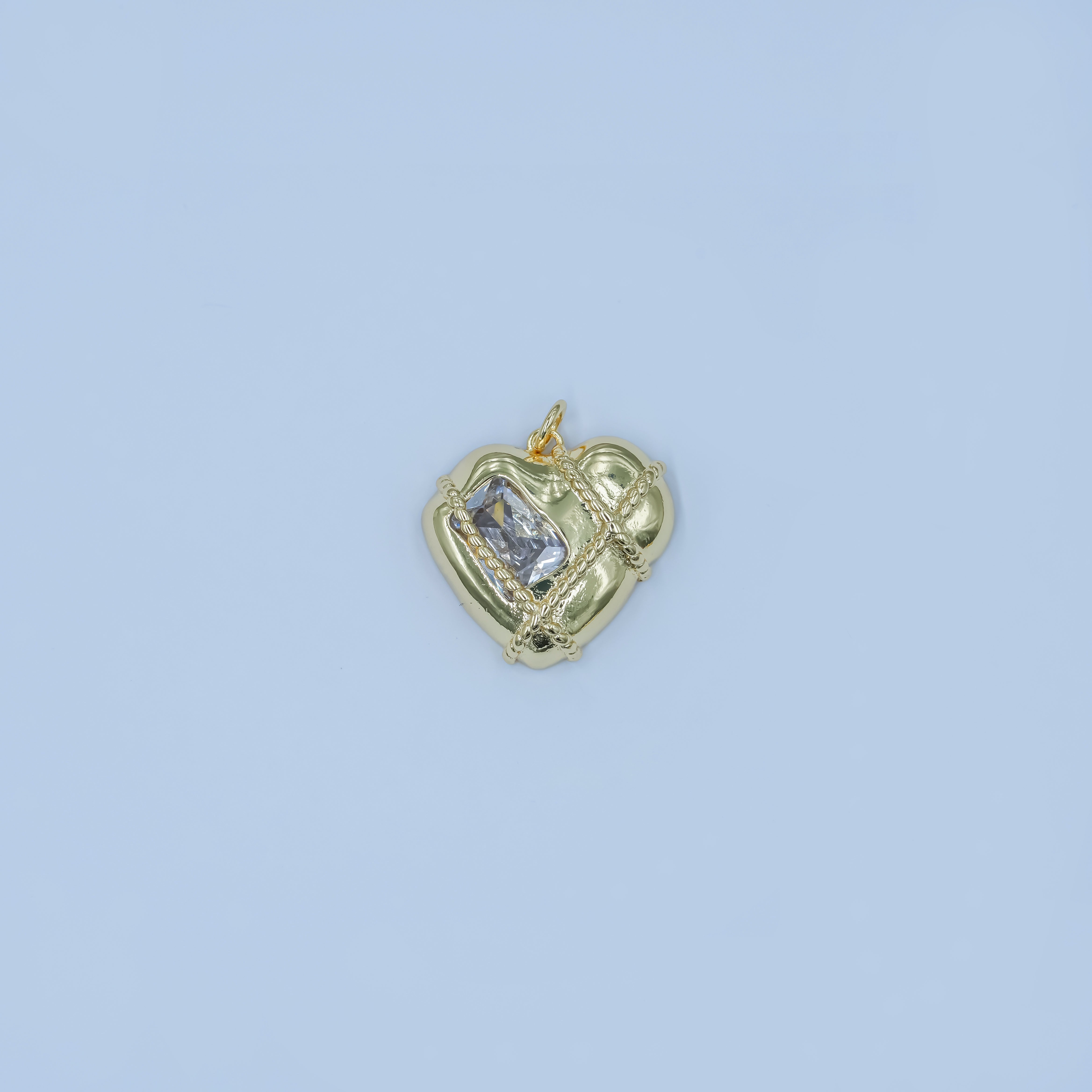 24K Gold Filled Baguette CZ Rope Tied Molten Heart Charm | C764