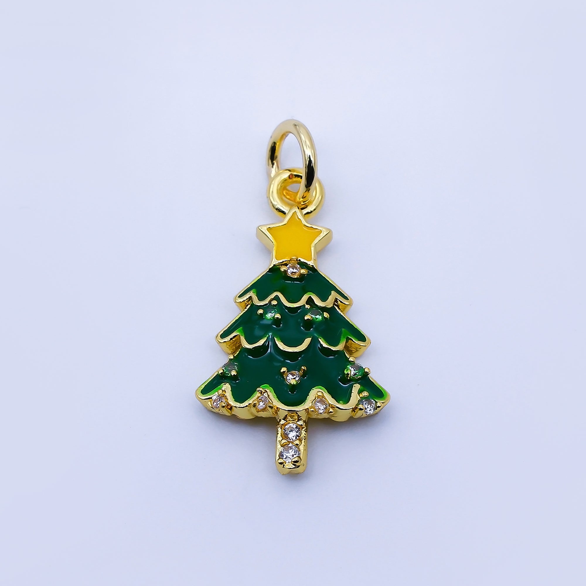 24K Gold Filled Clear CZ Green Enamel Christmas Tree Charm in Gold & Silver | C938