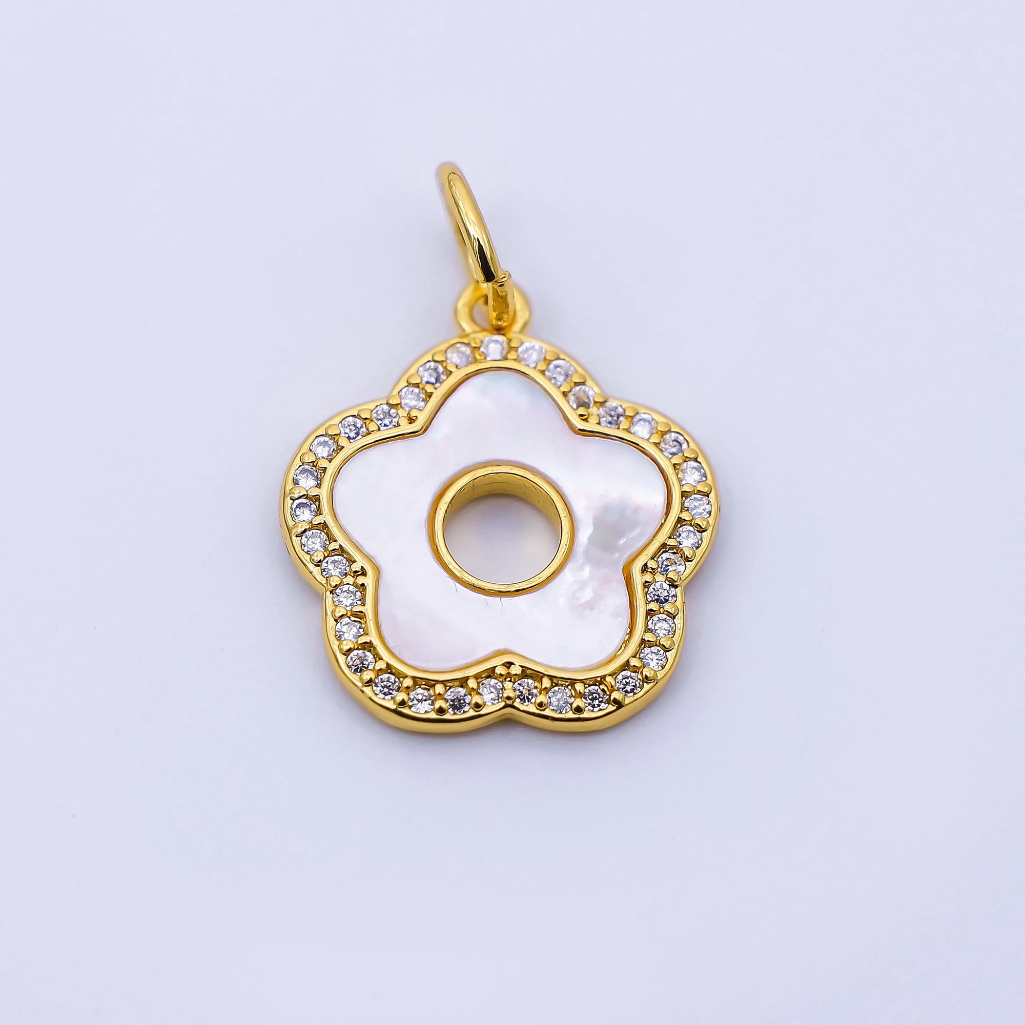 24K Gold Filled 17mm Open Shell Pearl Micro Paved CZ Flower Charm | C972
