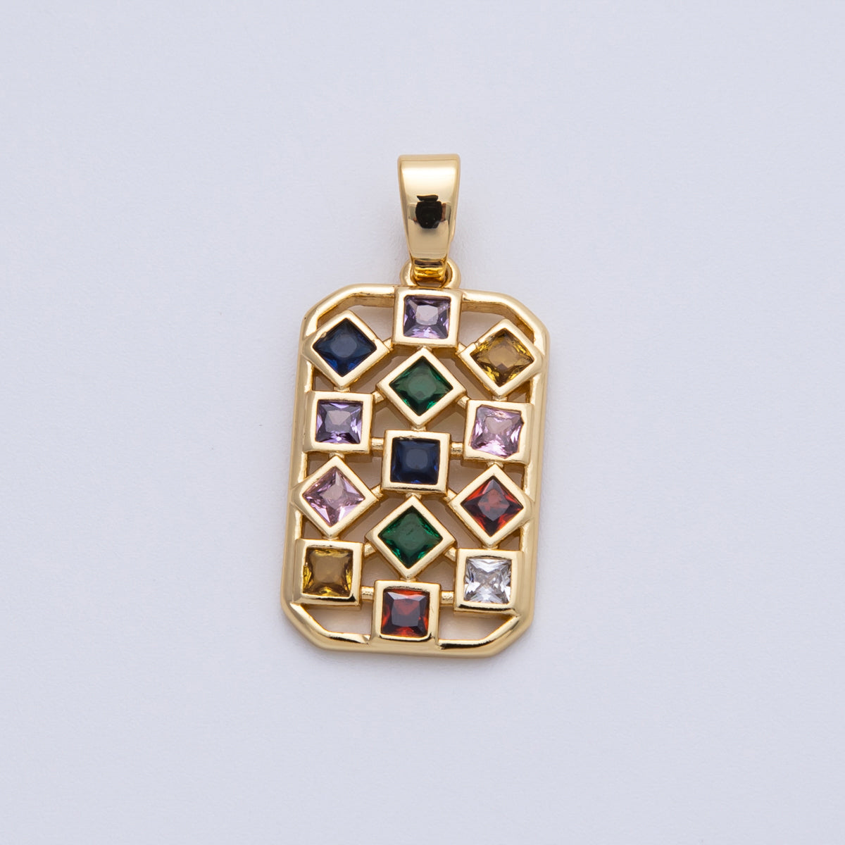 18K Gold Filled 22.5mm Multicolor CZ Rhombus Rectangular Pendant | Charms-00091