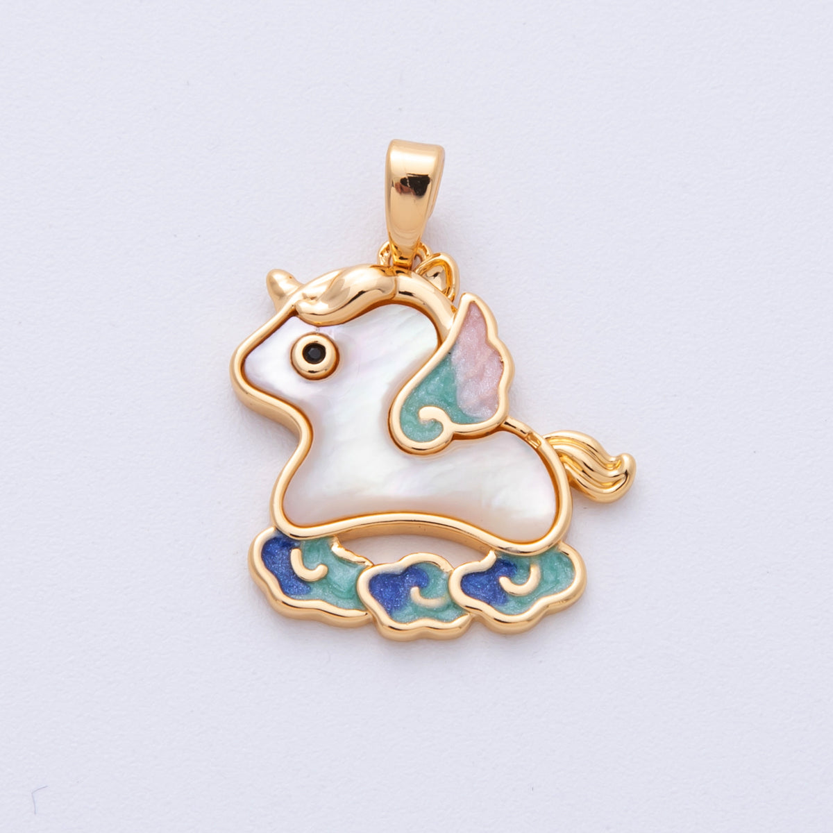 18K Gold Filled 20mm Shell Pearl Unicorn Pegasus Animal Pendant | Charms-00095