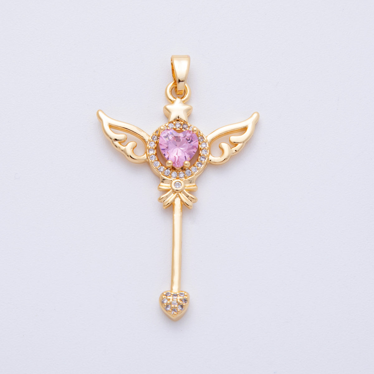 18K Gold Filled 40mm Pink Heart Micro Paved CZ Fairy Magic Wand Pendant | CHARMS-00105