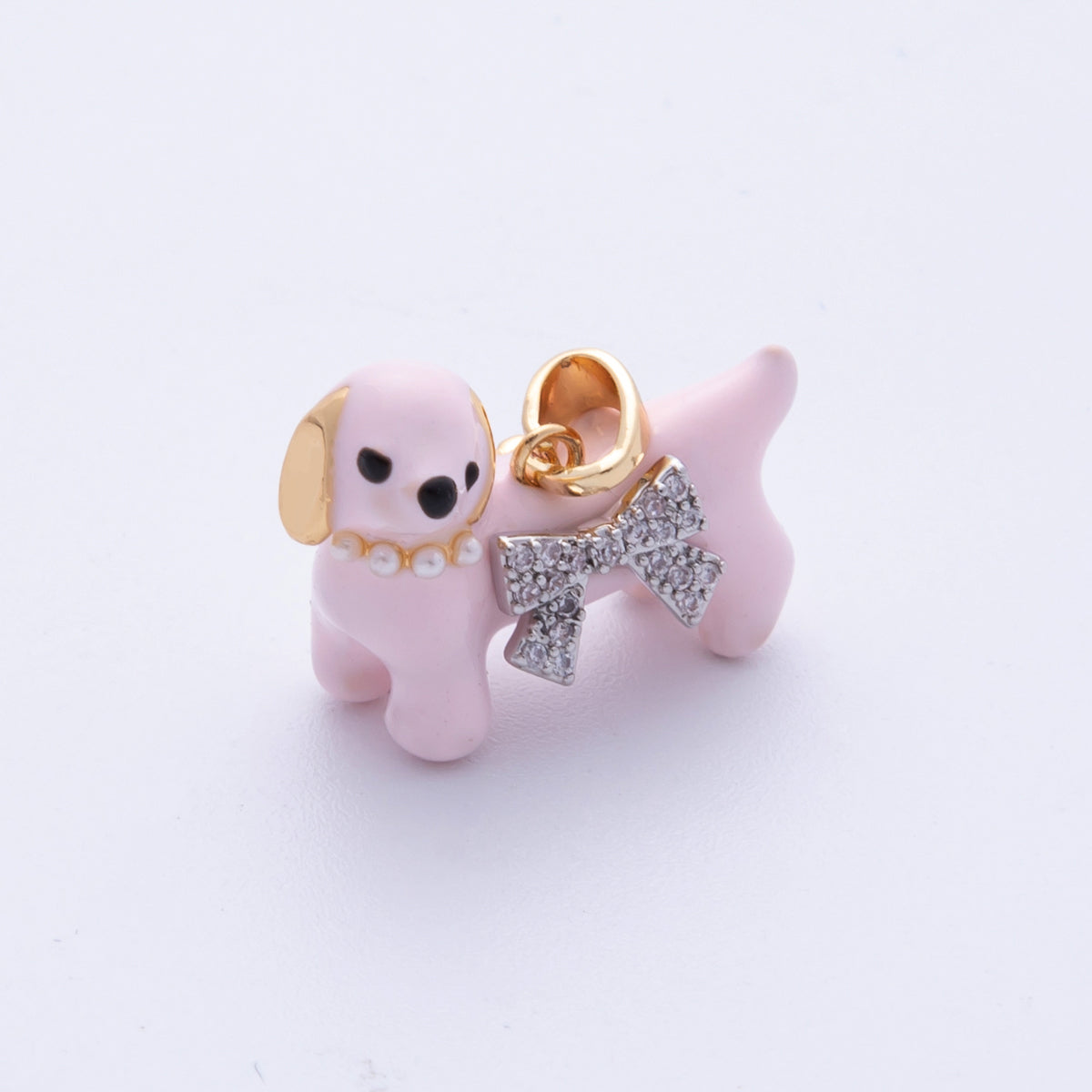18K Gold Filled 16mm Micro Paved CZ Shell Pearl Pink Dog Pet 3D Multidimensional Pendant | Charms-00113