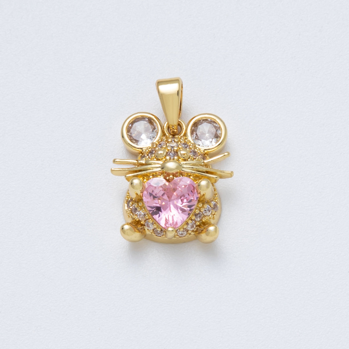 18K Gold Filled 15mm Pink Heart CZ Micro Paved Mouse Mice Animal Pendant | Charms-00148