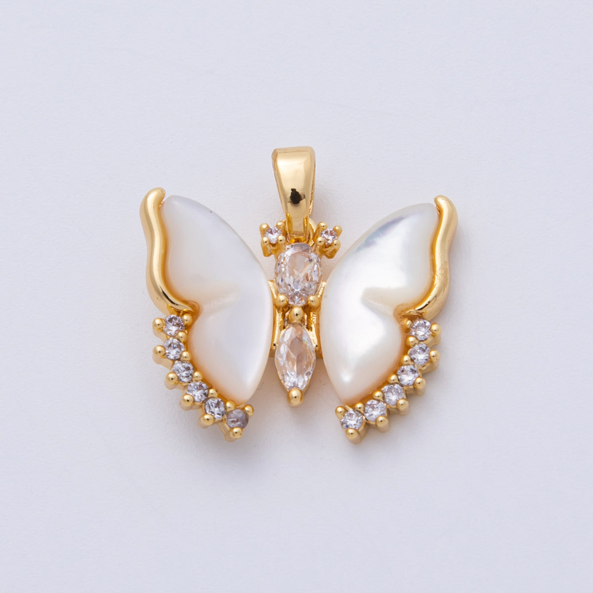 18K Gold Filled 20mm Clear Multi Cut CZ Mother of Pearl Butterfly Mariposa Wing Animal Pendant | CHARMS-00152