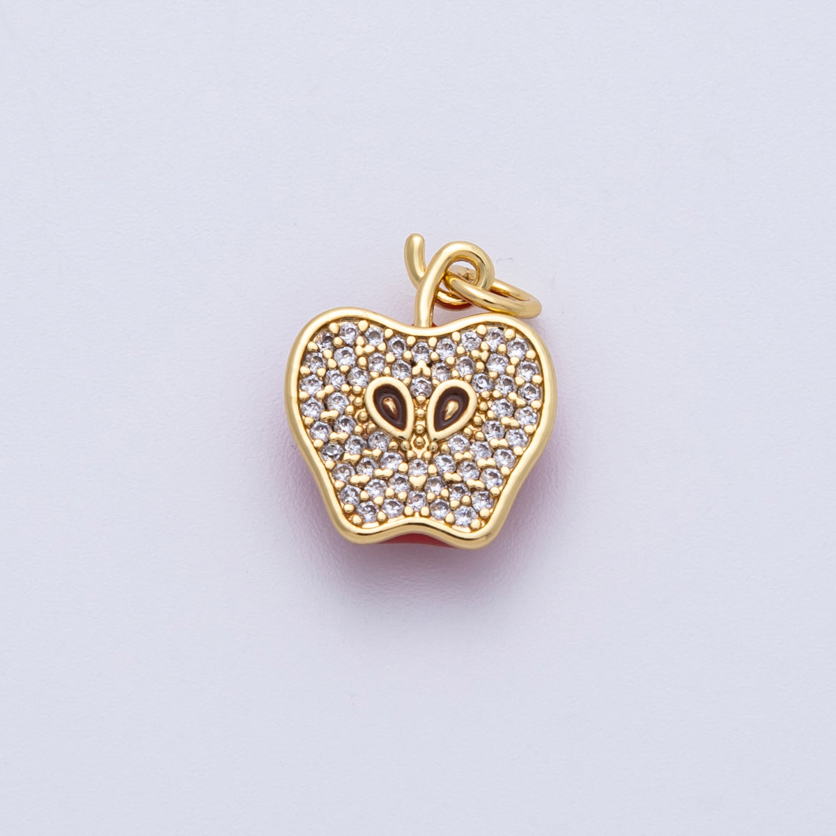 16K Gold Filled 15mm Red Enamel Micro Paved CZ Apple Slice Fruit Charm | Charms-00170
