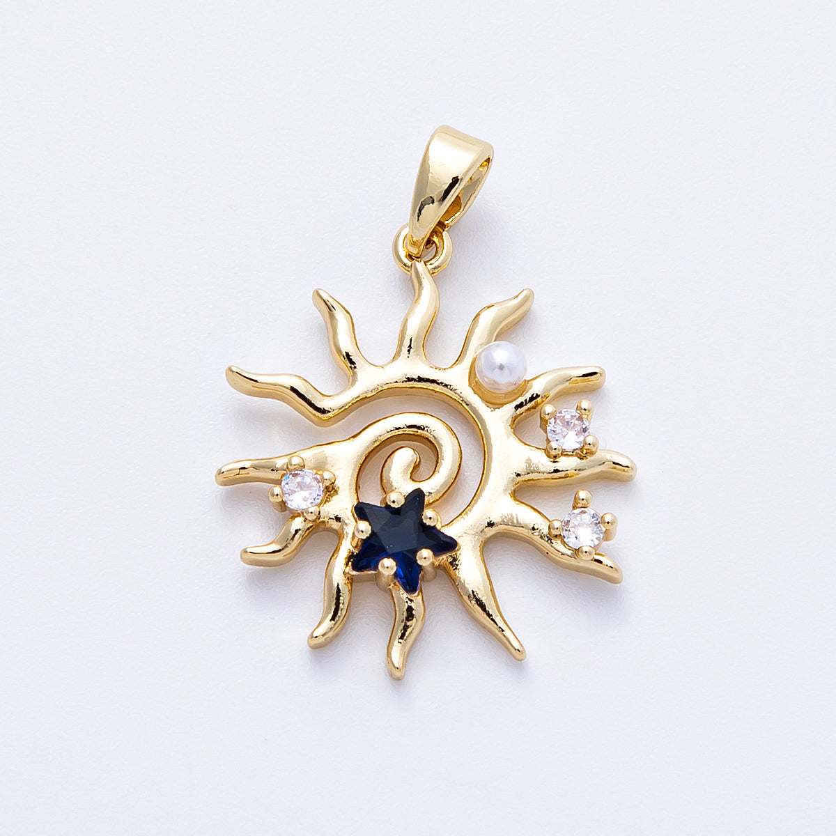 16K Gold Filled 22.5mm Blue CZ Shell Pearl Celestial Sun Pendant in Gold & Silver | Charms-00186 Charms-00187