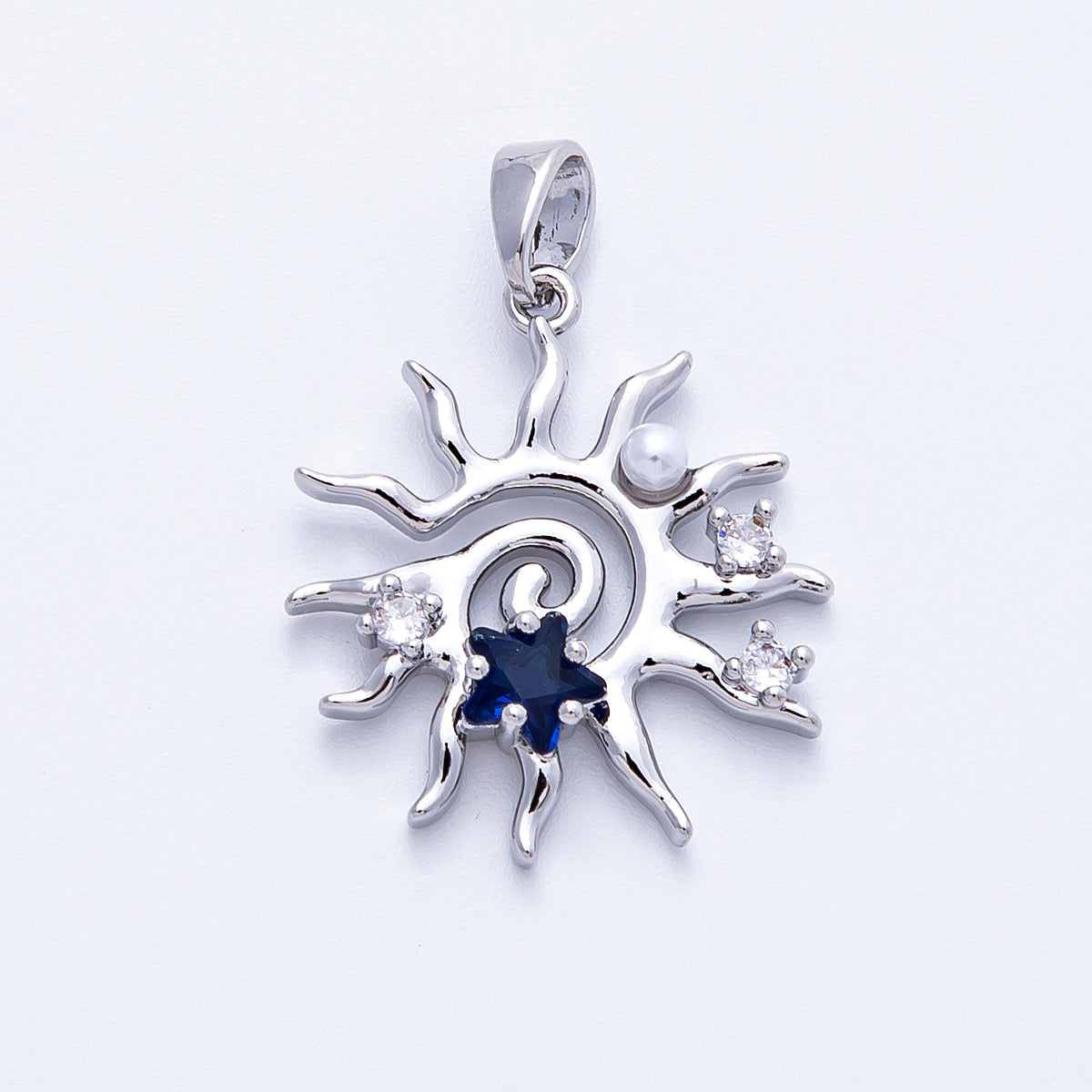 16K Gold Filled 22.5mm Blue CZ Shell Pearl Celestial Sun Pendant in Gold & Silver | Charms-00186 Charms-00187