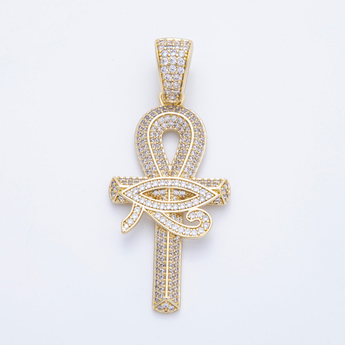 16K Gold Filled 48mm Micro Paved CZ Evil Eye Ankh Cross Religious Pendant | Charms-00209