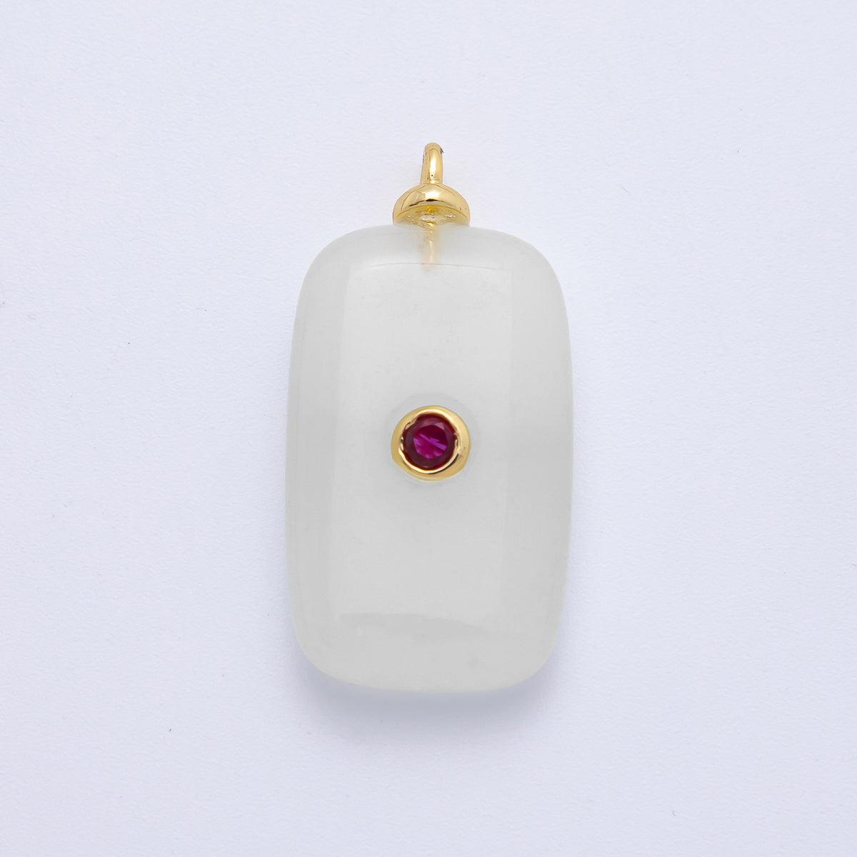 18K Gold Filled 30mm Embedded Fuchsia CZ White Agate Rectangle Gemstone Charm | Charms-00255