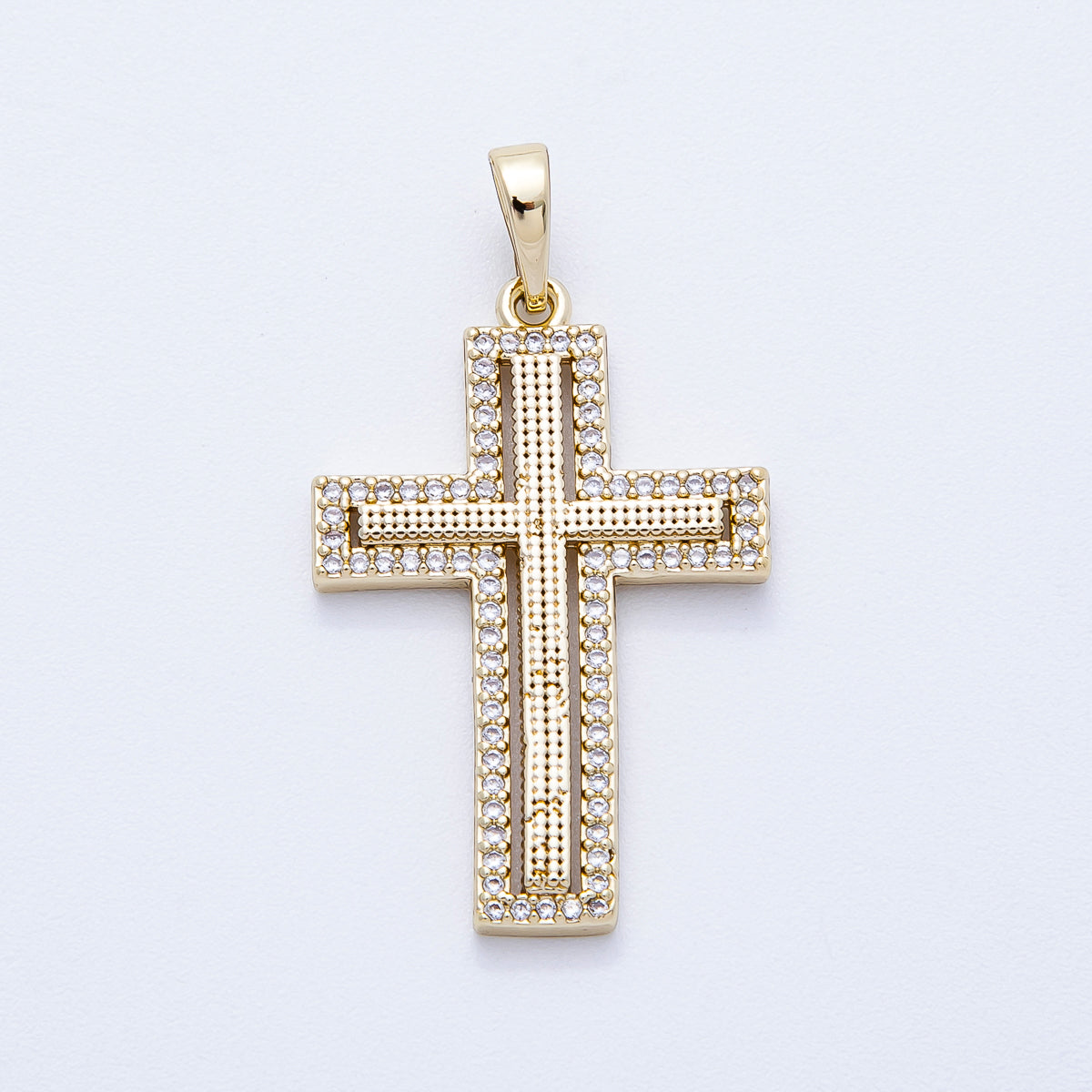 14K Gold Filled 33mm Beaded Textured Micro Paved CZ Religious Cross Bezel Pendant | Charms-00353