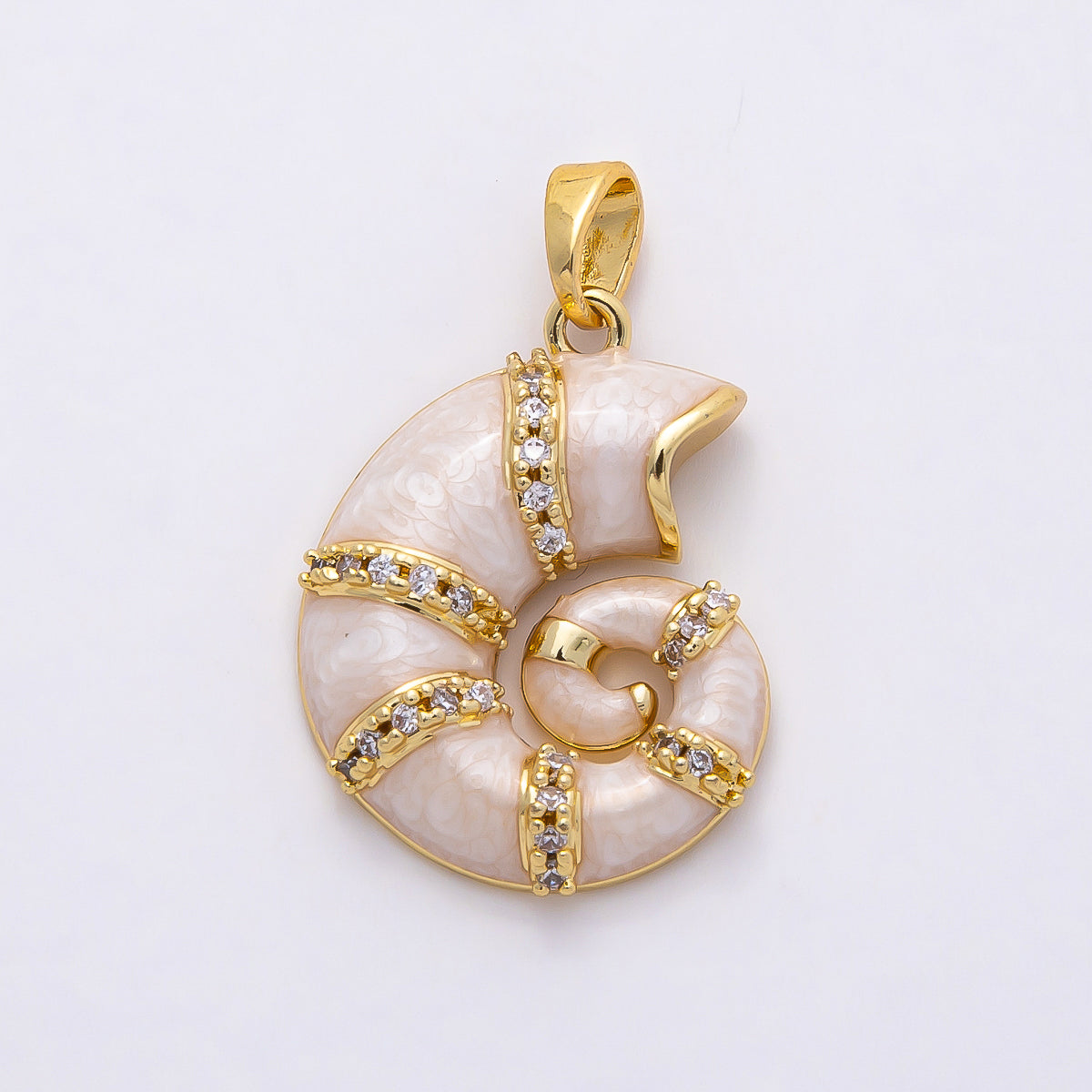 16K Gold Filled 22mm White Glitter Enamel Micro Paved CZ Conch Sea Shell Pendant | Charms-00771