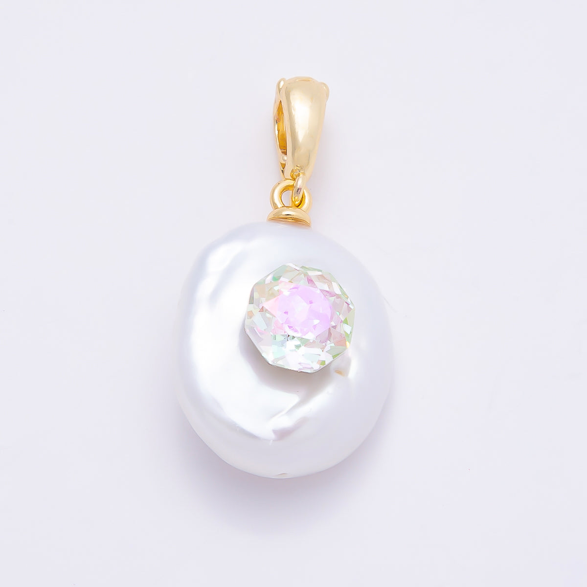 18K Gold Filled 24mm Round, Hexagon CZ Baroque White Freshwater Pearl Pendant | Charms-00941 Charms-00942