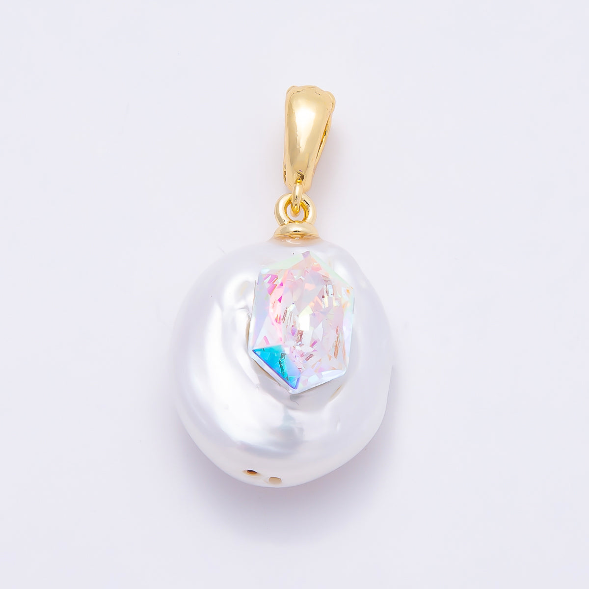 18K Gold Filled 24mm Round, Hexagon CZ Baroque White Freshwater Pearl Pendant | Charms-00941 Charms-00942
