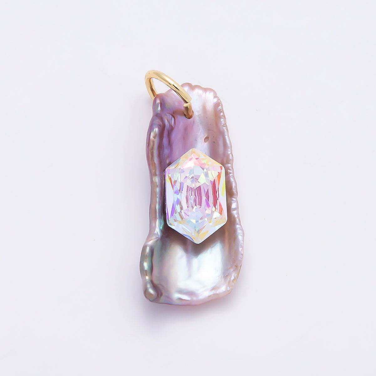 18K Gold Filled 30mm Hexagon CZ Biwa Baroque Freshwater Pearl Charm | Charms-00943 ~ Charms-00945