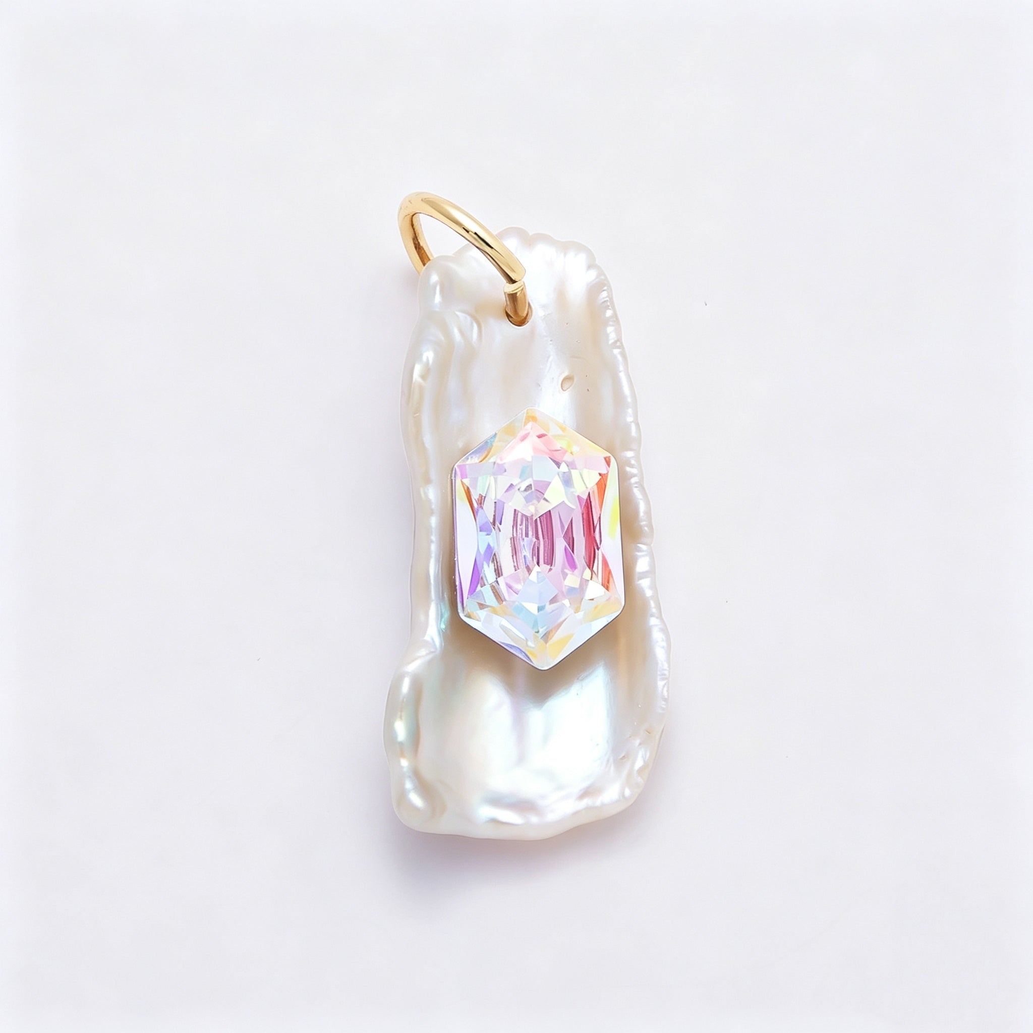 18K Gold Filled 30mm Hexagon CZ Biwa Baroque Freshwater Pearl Charm | Charms-00943 ~ Charms-00945