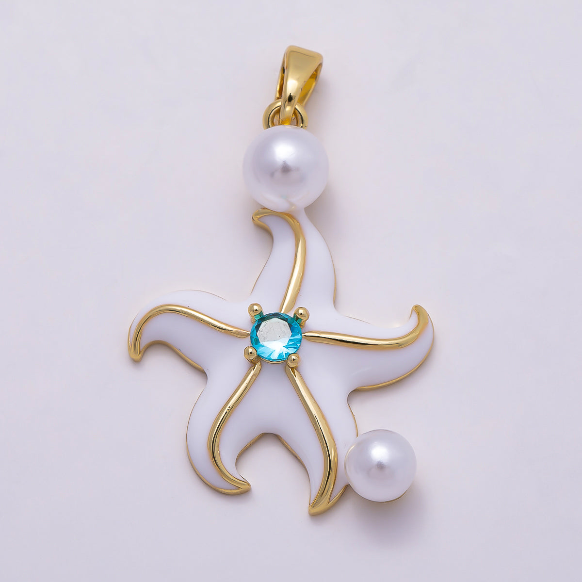 16K Gold Filled 29mm Blue CZ Shell Pearl Starfish Pendant | Charms-00946