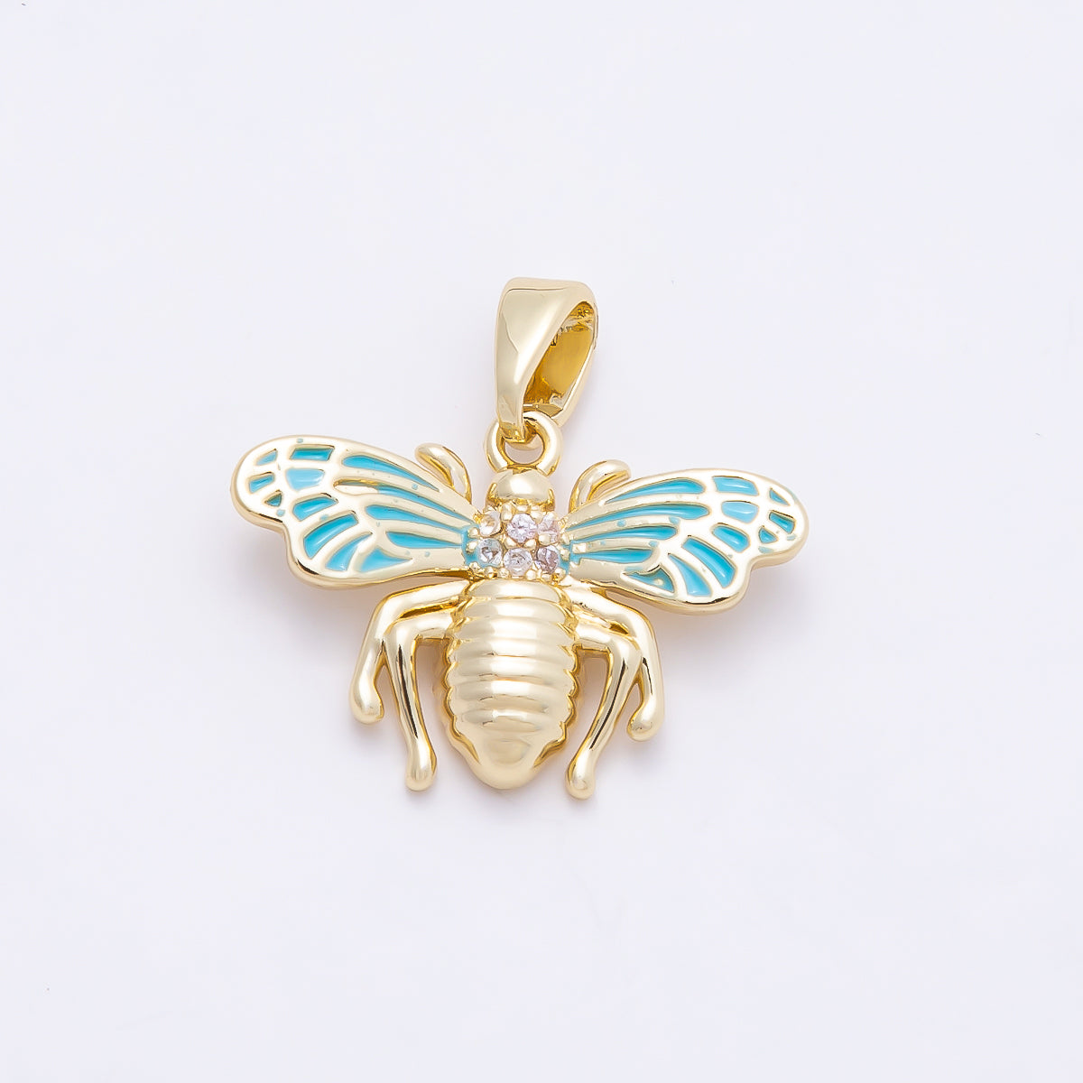 16K Gold Filled 14mm Micro Paved CZ Blue Enamel Bumble Bee Insect Pendant | Charms-00951