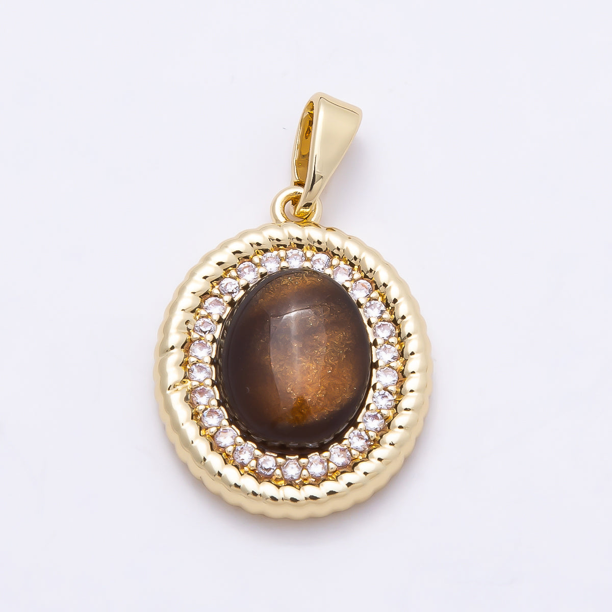 16K Gold Filled 18mm Tiger Eye Cabochon Micro Paved CZ Croissant Bezel Oval Pendant | Charms-00952
