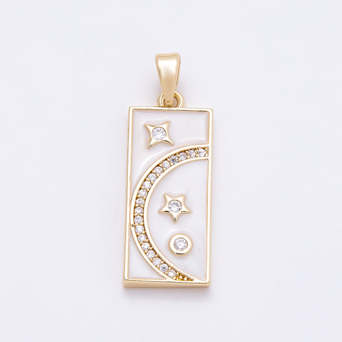 16K Gold Filled 24mm Micro Paved CZ White Enamel Celestial Moon Star Rectangular Tag Pendant | Charms-00953