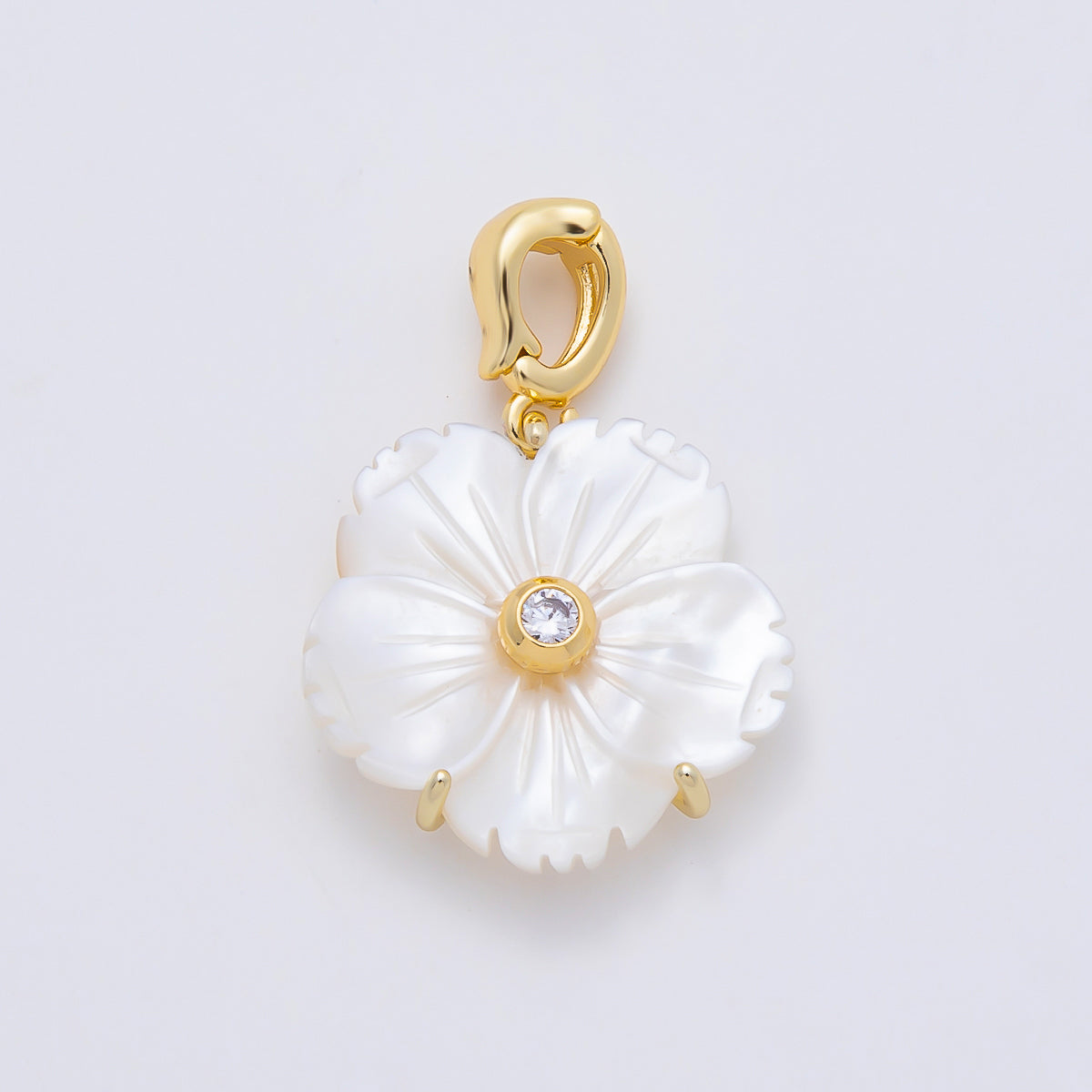16K Gold Filled 20mm Birthstone CZ Mother of Pearl Flower Snap Drop Pendant | Charms-00965 ~ Charms-00976