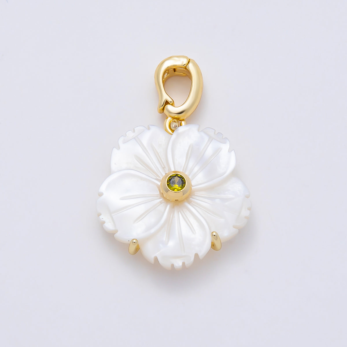 16K Gold Filled 20mm Birthstone CZ Mother of Pearl Flower Snap Drop Pendant | Charms-00965 ~ Charms-00976